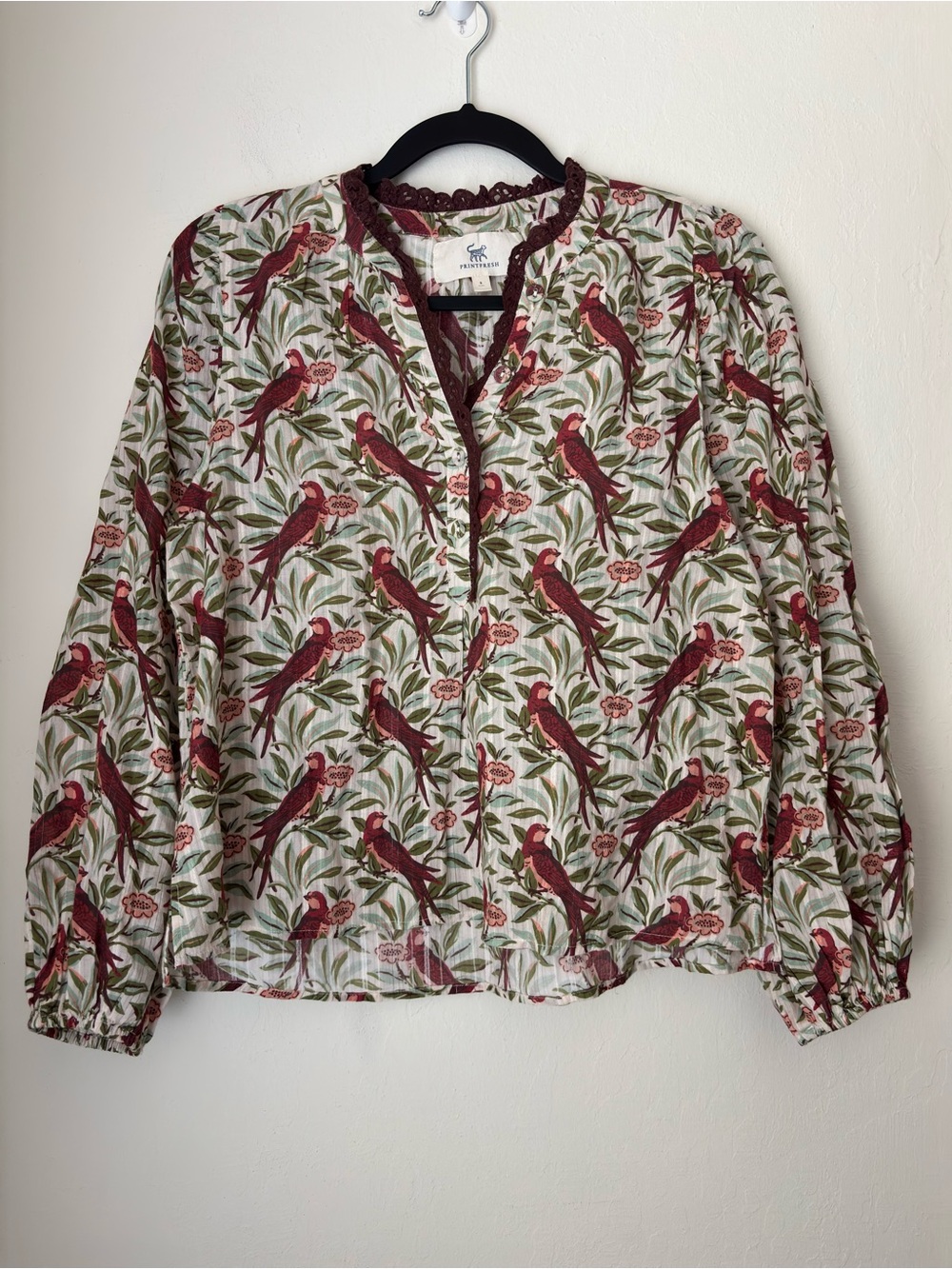 Printfresh On The Books Blouse - Birdsong Latte Foam Size Small Scallop Trim - Picture 2 of 10